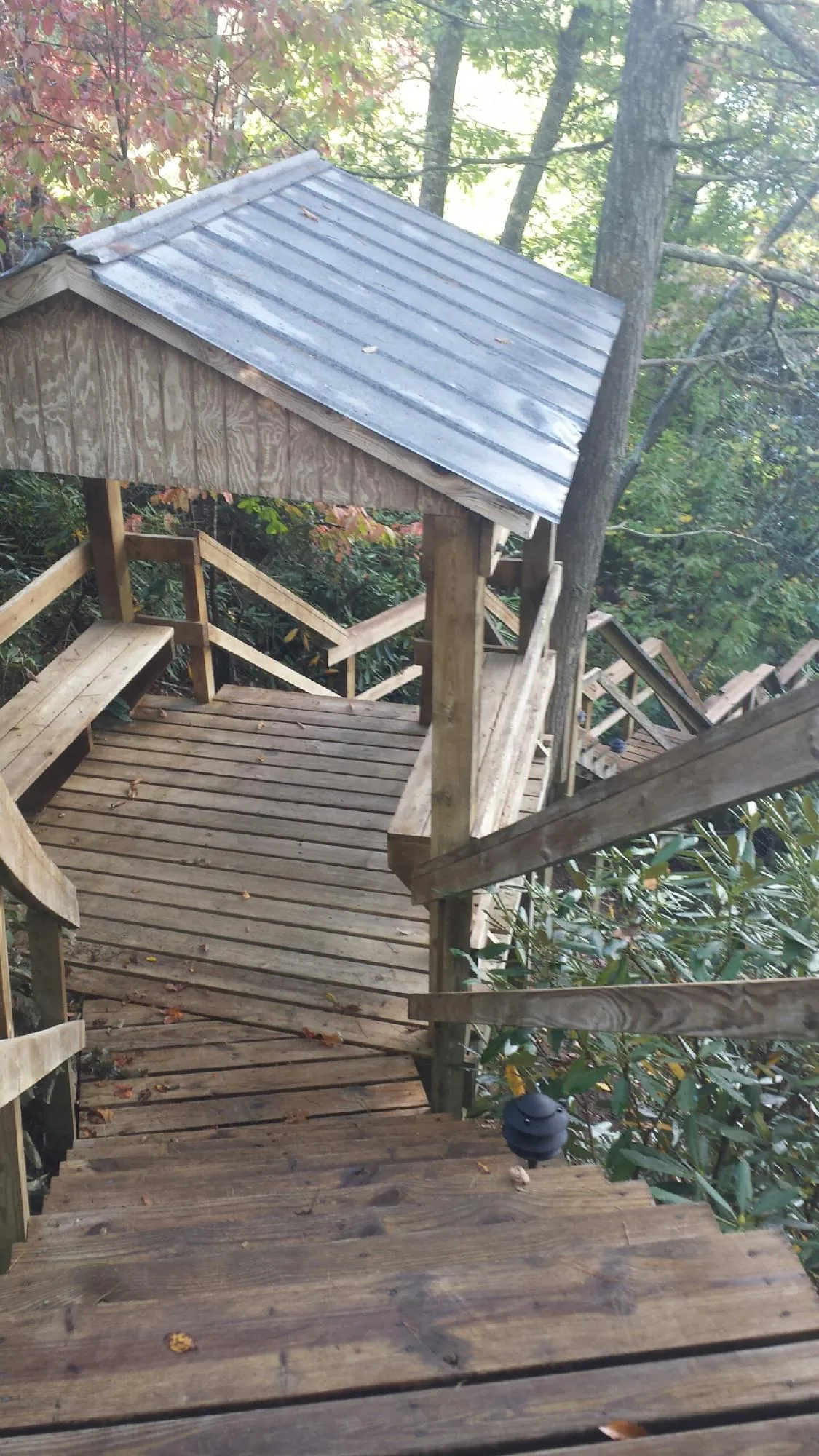 Metal roofed shelter over wooden steps on a wooded walkway — Skylight Repair & Installation work by our crew in Spokane